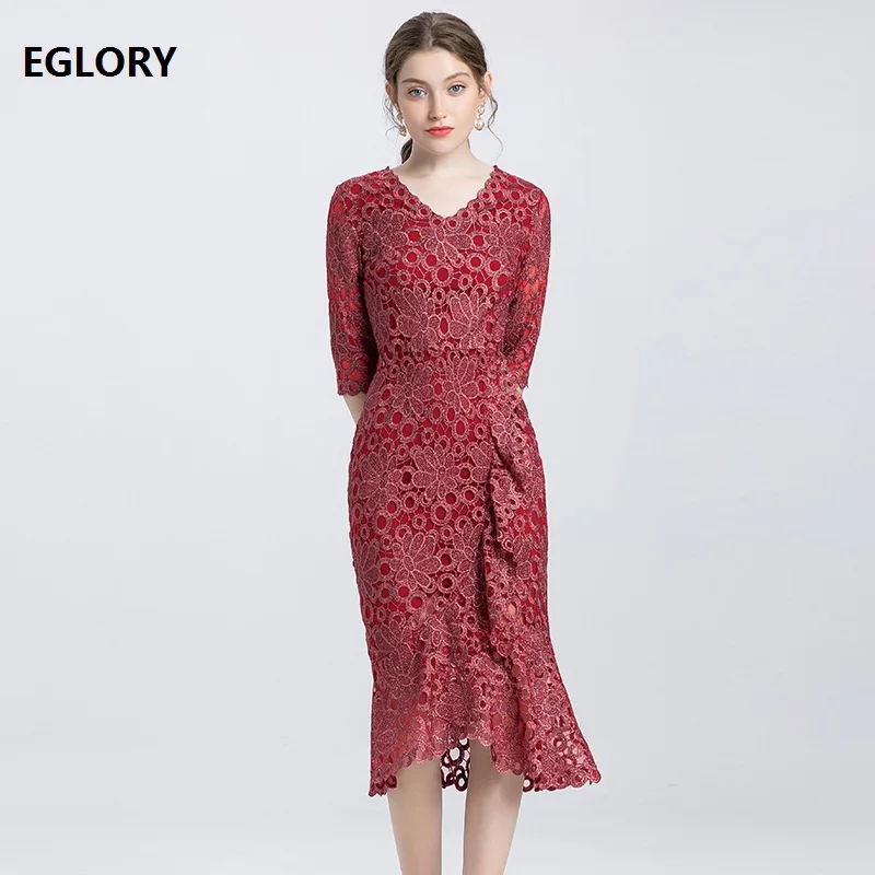 XXXXL платья Vestidos осенние элегантные вечерние платья Русалочки женские v-образным вырезом со сплошным изысканным вышивкой миди розовое красное платье