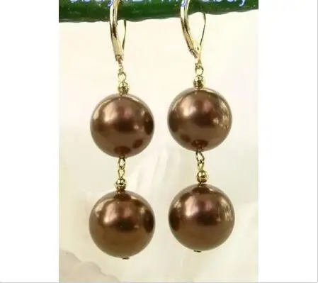

Wholesale price 16new ^^^^14mm Brown South Sea Shell Pearl Earrings 14KGP