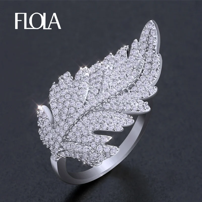 

FLOLA Cubic Zirconia Leaf Ring for Woman Feather Adjustable Ring Designer Brand Luxury Women Ring bague argent massif righ28