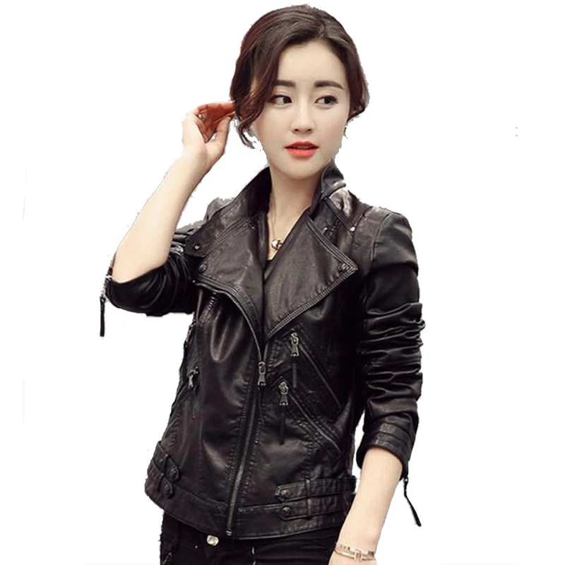 

2016 New Fashion Autumn Winter Women Faux Soft Leather Jackets Pu Black Zippers Long Sleeve Motorcycle Coat Plus Size S-XXL G234