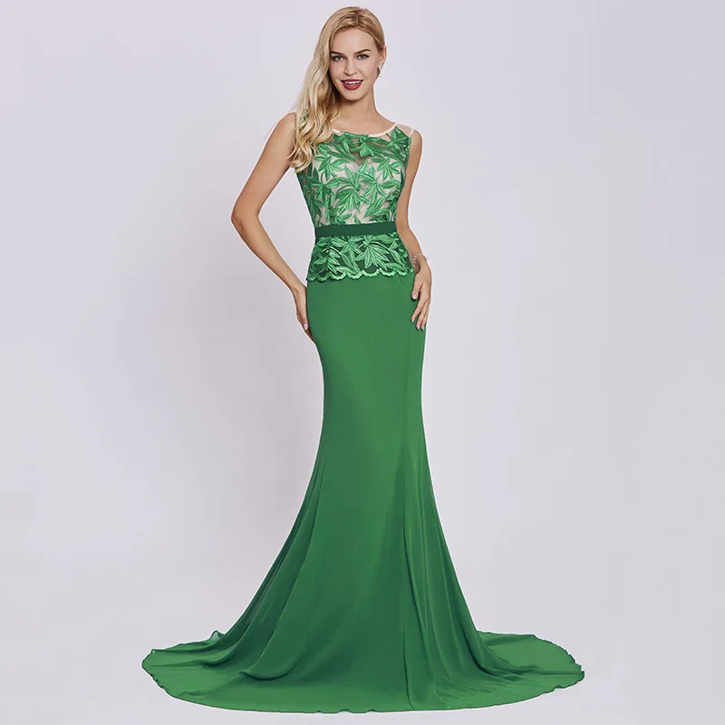 Dressv dark green long evening dress cheap scoop neck embroidery sleeveless wedding party formal dress mermaid evening dresses