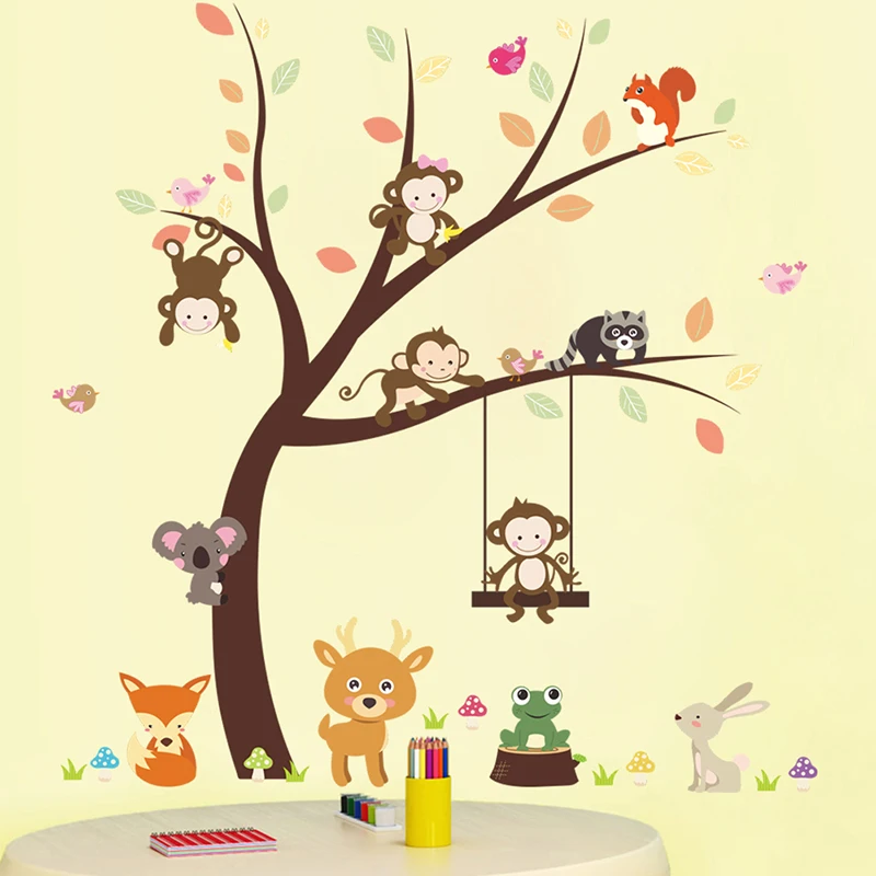 

Monkey Bird Rabbit Tree Wall Stickers For Kids Rooms Decoration Home PVC Cartoon Forest Jungle Wild