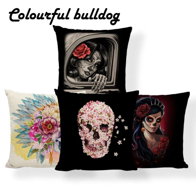 

Skull Calla Lily Character Cushion Cover Flowers Mandala Pillow Fairy Table Couch Decor Home Throw Pillow 17.7Inch Linen Printed