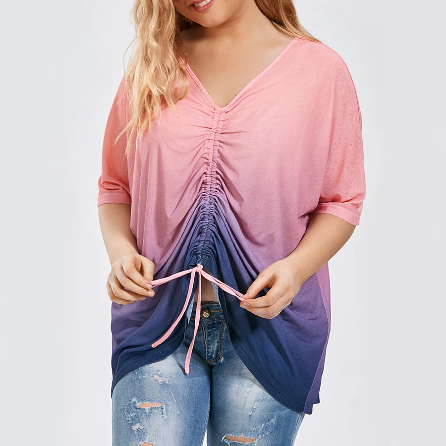 

Women Summer Half Sleeves Gradient Color Blouse Tops V neck Bandage Sexy Blusas Tunic Female Casual Loose Shirts 5XL Plus Size