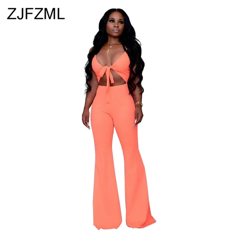 

Spaghetti Strap Sexy Bodycon Jumpsuit Women Waist Band Cut Out Sleeveless Flare Romper Summer Bow Tie Backless One Piece Overall