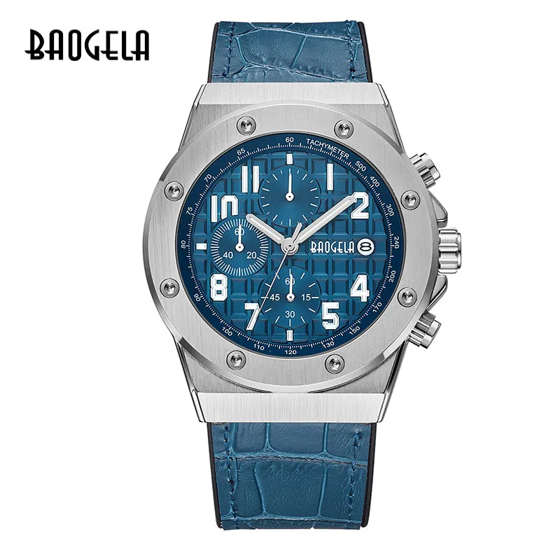 BAOGELA Homme Nouveau кварцевый браслет Montres, Chronographe, дизайнерский, светящийся, мужской, Cuir браслет, Relog - Цвет: BGL1805 silver Blue