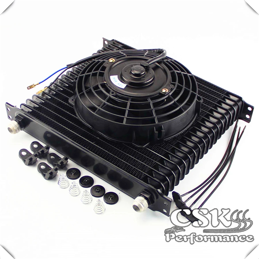 

AN10 Trust 19 Row Engine Oil Cooler 10.6"x12"x2" + 7" Electric Fan For Chevrolet BLACK/BLUE