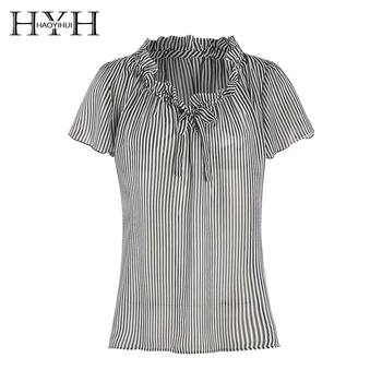 

HYH HAOYIHUI Womens Tops Blusas Mujer De Moda 2018 Summer Shirt Elegant Stripe Ruffle Lace Up Bowknot Clothing