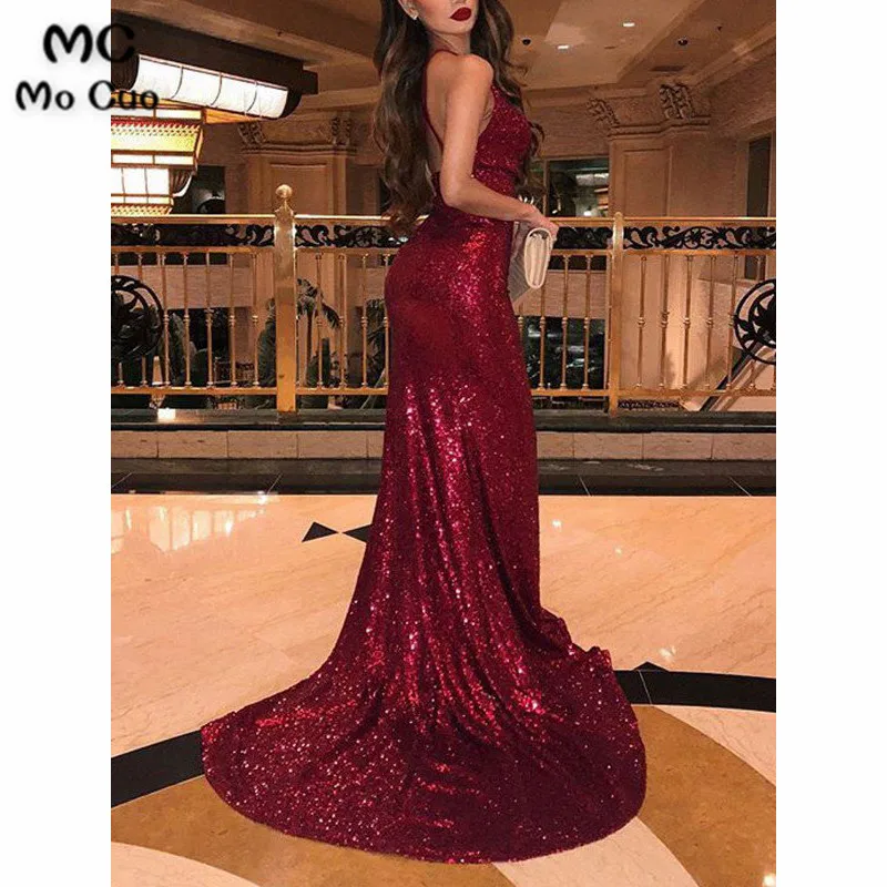 Mermaid Sleeveless V-neck Sweep Brush Train Ruffles Sequins Dresses3
