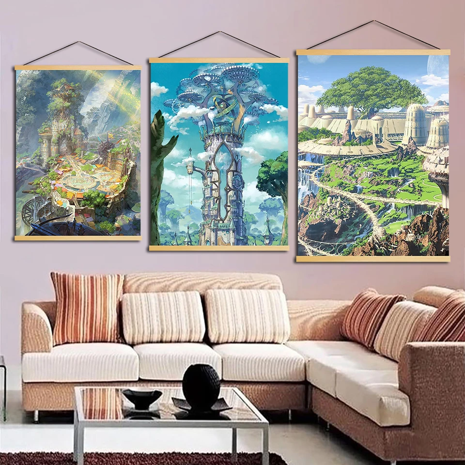 Nordic Scroll Modern Wall Art Ninokuni Pictures Canvas Solid Wood Game Hanging Painting Printed Kids Room Poster Home Decoration | Дом и сад