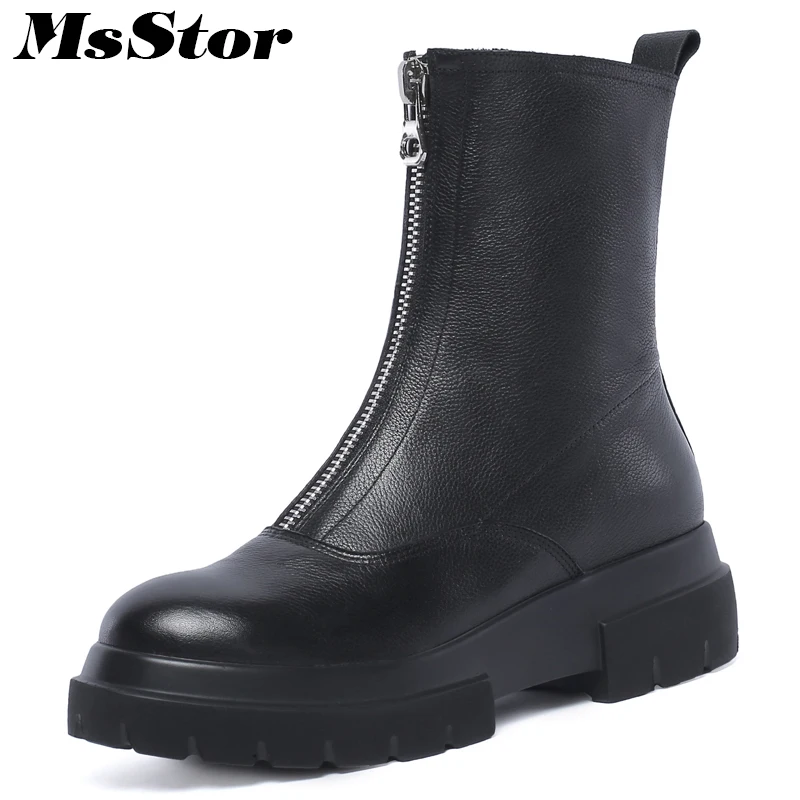 

MsStor Round Toe Med Heel Women Boots Fashion Zipper Platform Ankle Boots Women Winter Shoes Square heel Black Boots For Woman