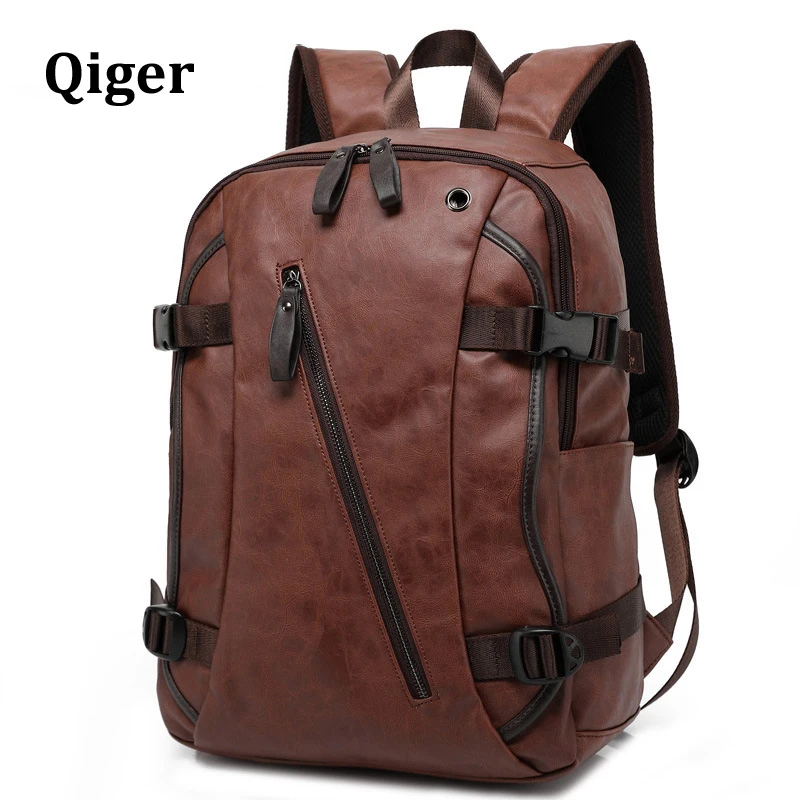 

Qiger Men's Vintage PU Leather backpacks Girl school bags men Casual laptop backpack for teens travel bag New 2017