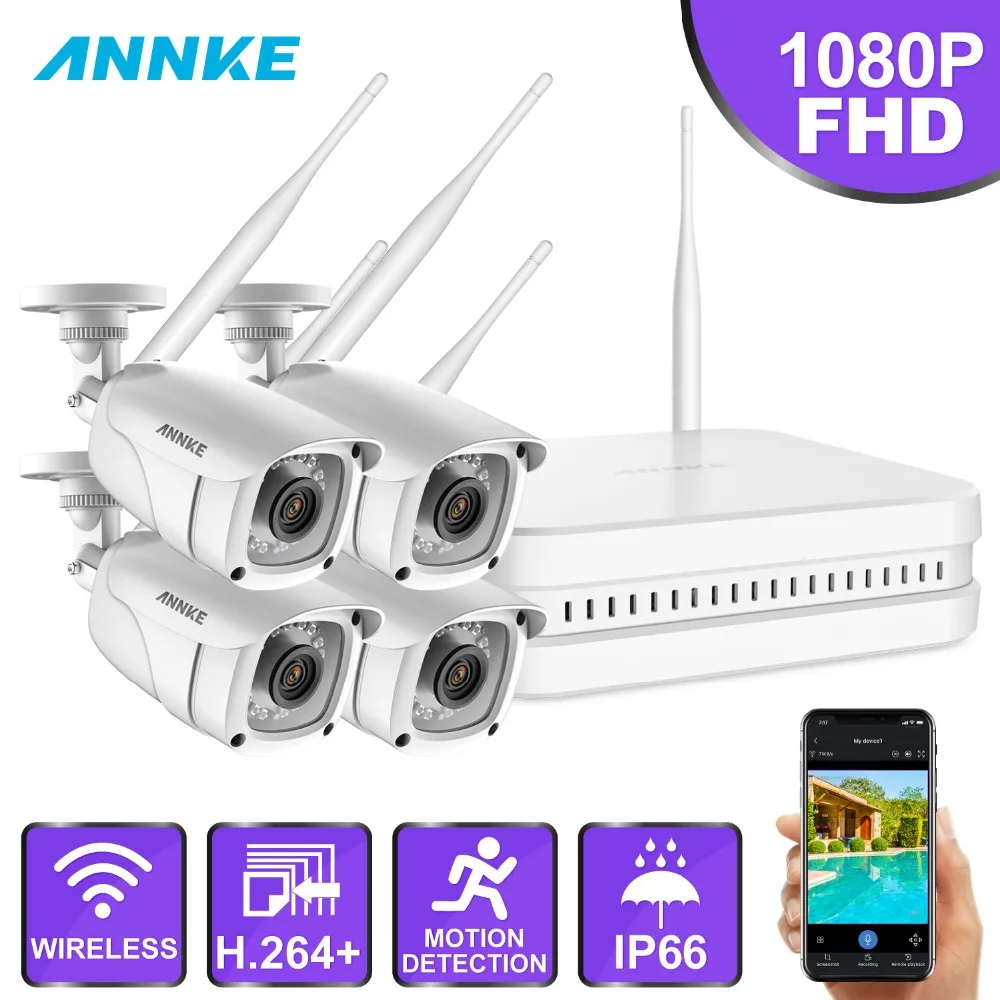 Goedkoop ANNKE 8CH FHD Wi Fi Draadloze NVR CCTV Systeem 4 stks 1080 p IP Camera WIFI Outdoor Waterdichte CCTV Security Camera surveillance Kits
