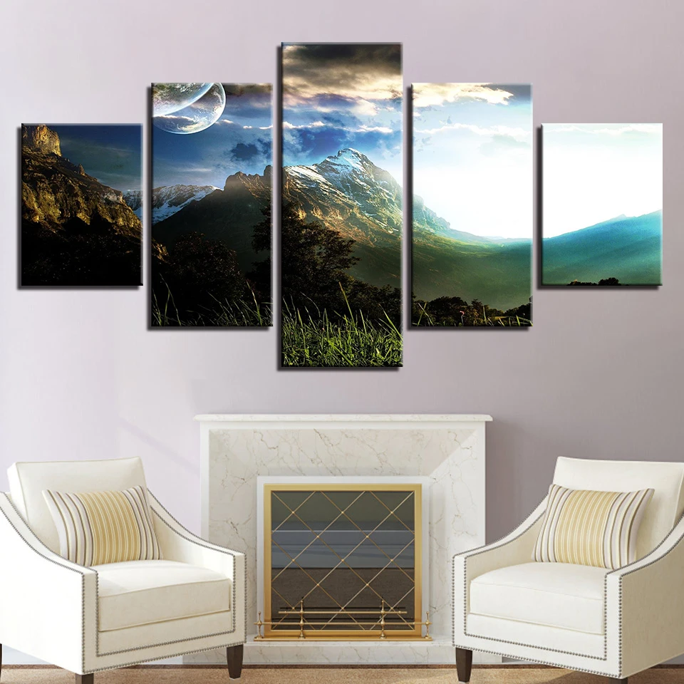 

Canvas Wall Art Pictures Framework 5 Pieces Planets Over The Snow Mountains Painting HD Prints Fantasy Nature Poster Home Decor
