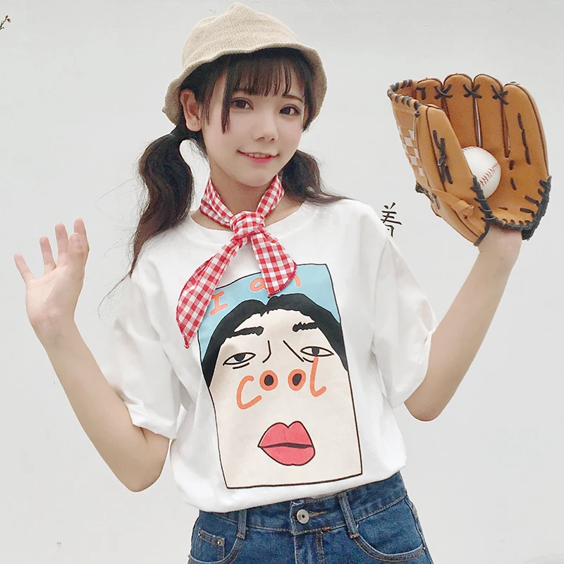 Корейская одежда ulzzang летние свободные Забавные футболки с принтом Женская Harajuku