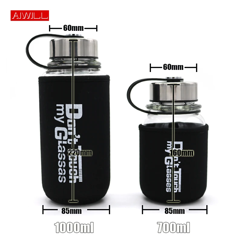 AIWILL 1000ml 600ml Large capacity water bottle with tea infuser Outdoor travel glass bottle with women and men fashion gift