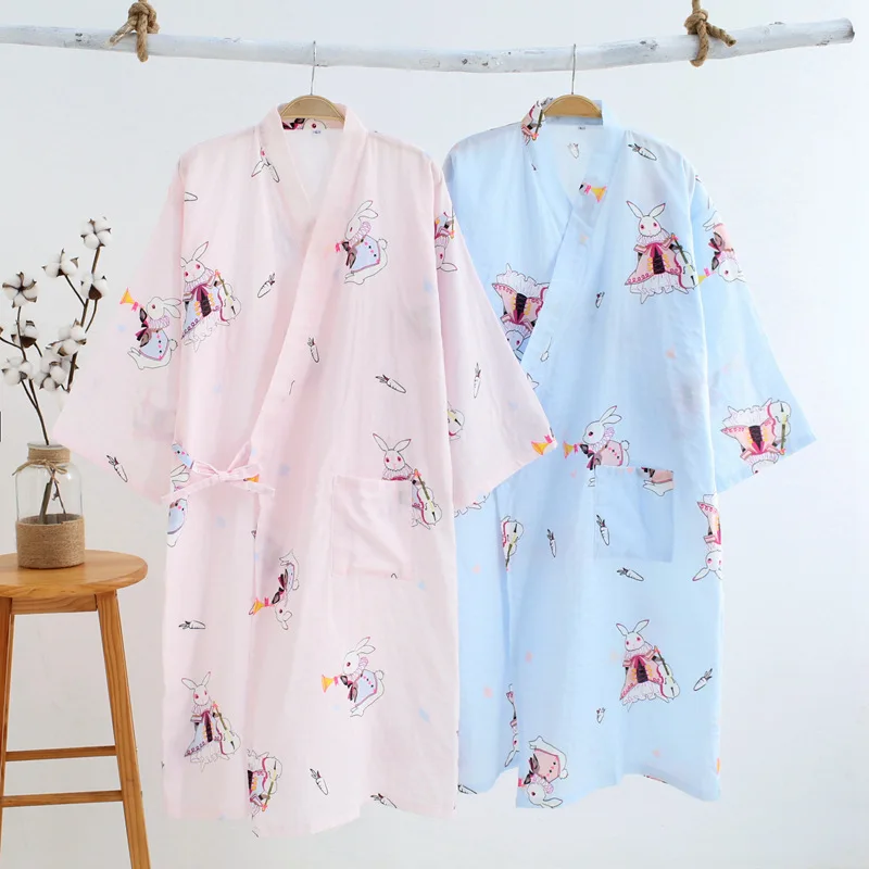 Summer thin women cotton gauze robe kimino bathrobe cotton pajamas