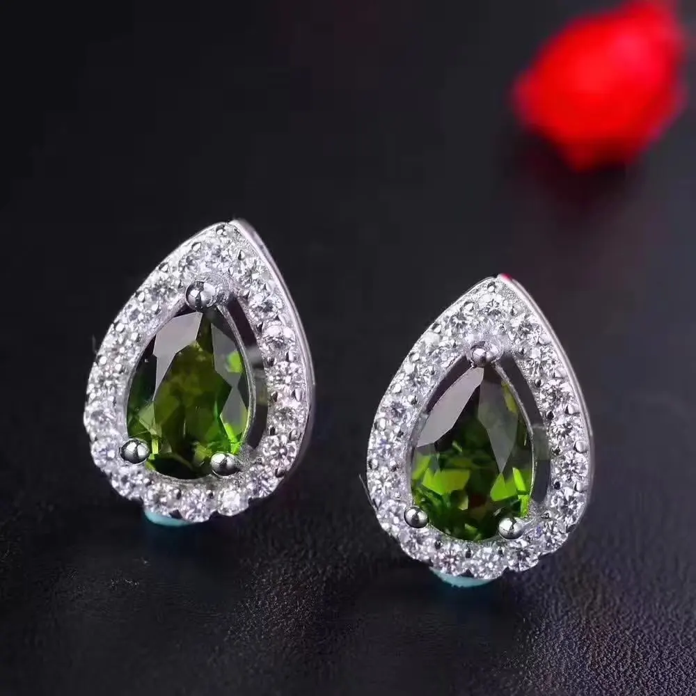 Верность естественно 4*6 мм диопсид s925 серебро редко перо fine jewelry наборы для женщин вечерние натуральный зеленый драгоценный камень