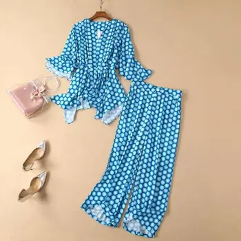 

European and American women's clothing 2019 summer new style Flared sleeve v-neck shirt Wide-legged pants printed suit