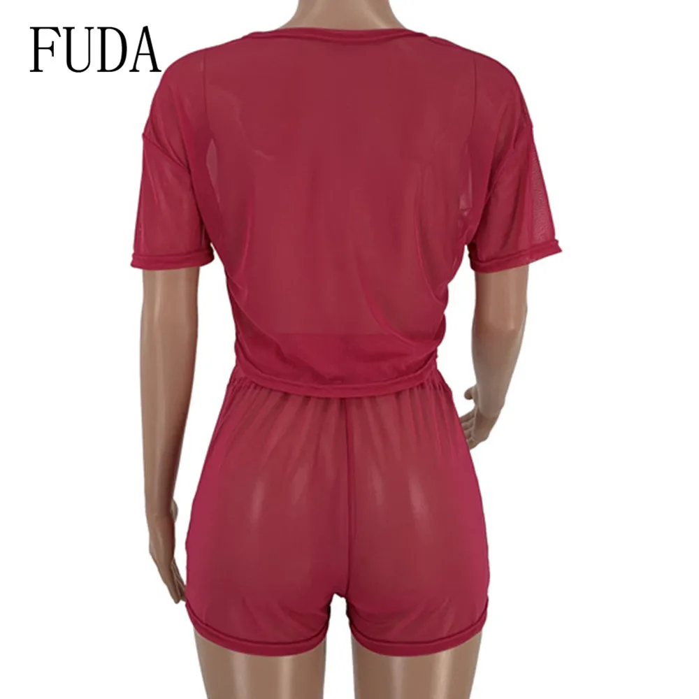 FUDA Fashion Two Pieces Sets Short Sleeve O Neck Top and Lace-up Pants Sexy See Through Casual Playsuits Women Summer Mono Mujer FUDA Fashion Two Pieces Sets Short Sleeve O Neck Top and Lace-up Pants Sexy See Through Casual Playsuits Women Summer Mono Mujer