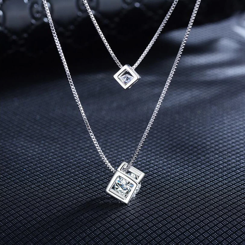 

Rubik's Cube Crystal From Double Pendant Necklace Silver Cubic Zirconia Ladies Exquisite Rubik's Cube Necklace Jewelry For Women