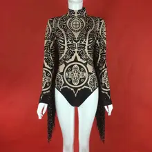 Супер звезда Черный Принт блёстки купальник с кисточками костюмы с длинным рукавом концертная танцевальная одежда для вечеринки ночной клуб представление боди