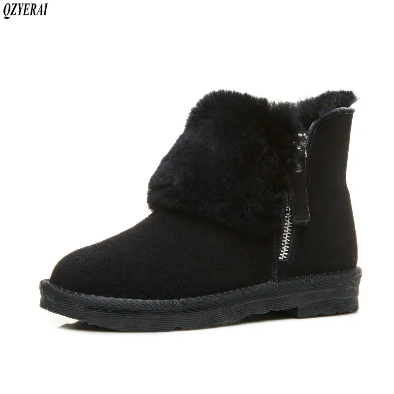 

Fall and winter new fur snow boots 100% cowhide thermal ankle boots leather wool flat shoes size 34-40