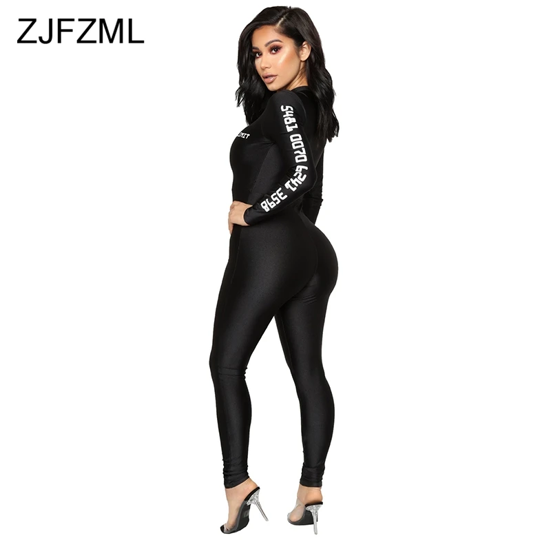 Black Letter Print Sexy Bandage Overall For Women Front Zipper Long Sleeve Party Romper  Casual Biker Skinny One Piece Jumpsuit