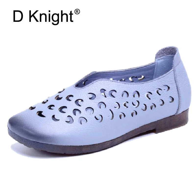 

Fashion Genuine Leather Female Shoes 2018 Summer Breathable Hollow Sandals Soft Bottom Handmade Flat Shoes Sandals Plus Size 40