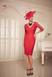 2019 элегантный красный шнурок половина рукава мать невесты платья v-образным вырезом до колен длинное вечернее платье Vestido mae да noiva