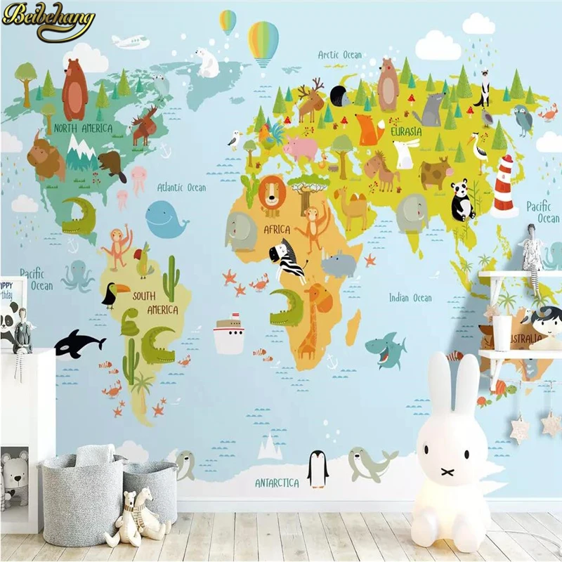 beibehang Custom Nordic modern mural wall paper for wall cartoon animal world wallpaper for kids room children's room background
