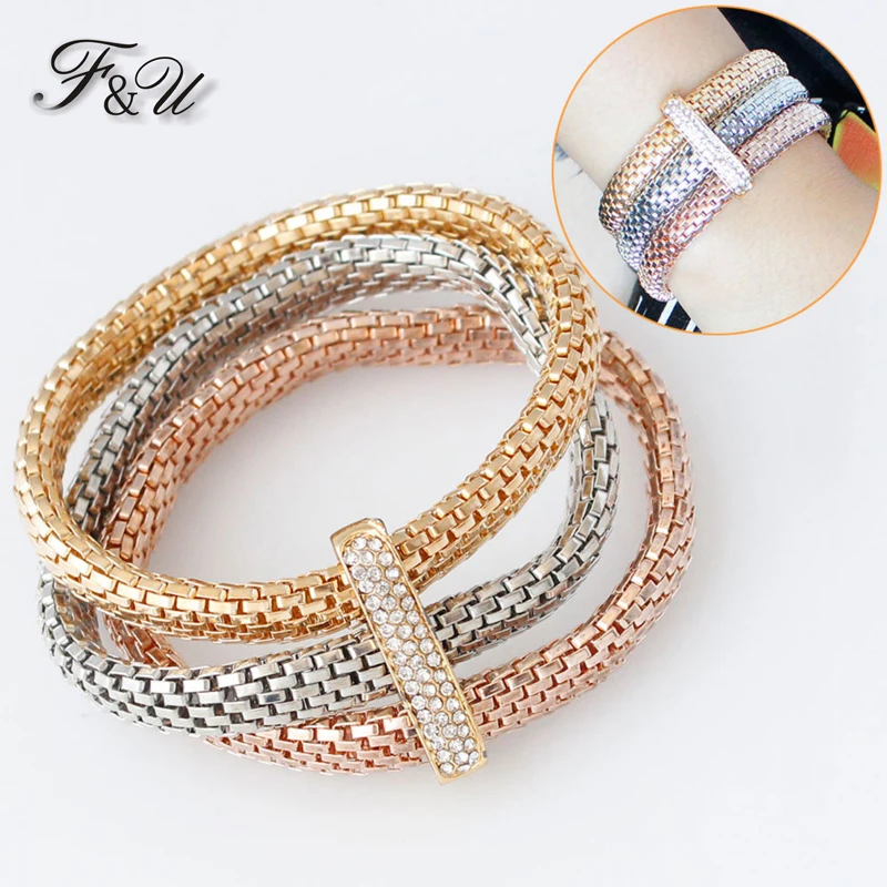 

F&U Fashion 3 PCS/Set Rhinestone Strip Elastic Bracelets Golden, Rose Golden And Silver 3 colors per set Charm For Woman Gift