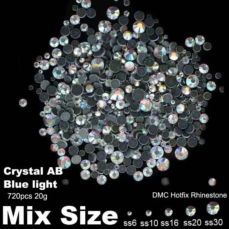 

DMC Hotfix Glass Rhinestones Blue Light Crystal AB Mixed Sizes SS6 SS10 SS16 SS20 SS30 720pcs Iron On Strass Stones DIY Garments