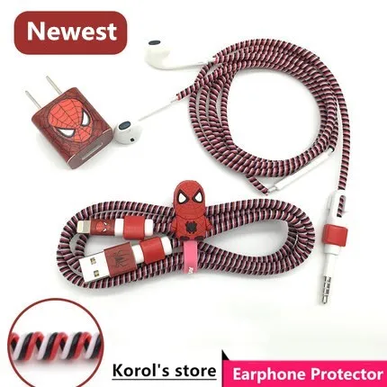 

New Style 1.1M&1.4M Cartoon USB Cable Earphone Protector Set Cable Winder Stickers Spiral Cord Protector For iphone5 6 7
