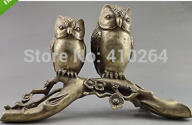 

Collectible Decorate Old Handwork Tibet Silver Carve Pair Owl On Tree Big Statue