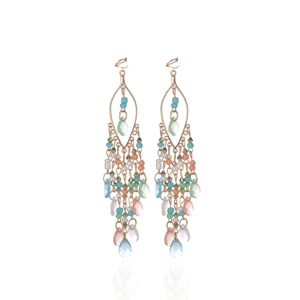 Ethnic Bohemia Beads Clip On Earrings Fashion Hanging no pierced Earrings Tassel Resin Vintage Ethnic Jewelry Gift For Women ear clip earrings clip earrings ear clip