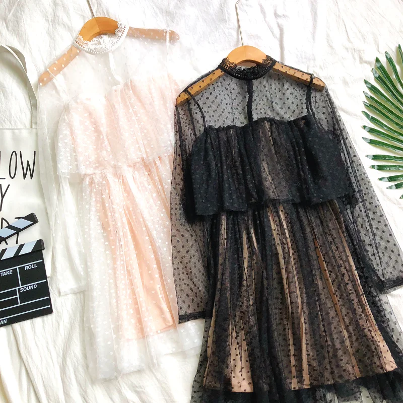 Women Summer Pleated A-Line Sexy Hollow Out Polka Dot Lace Dress Short Pullover Slim High Waist Mesh Gauze Voile Ruffles Dresses