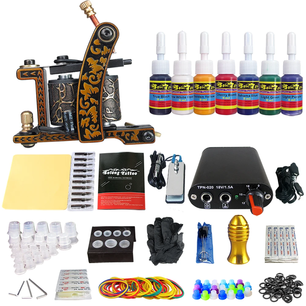 

Tattoo New Beginner 1 Pro Machine Gun Tattoo Kit Power Supply Needle Grips tip 7 color ink set TK105-60