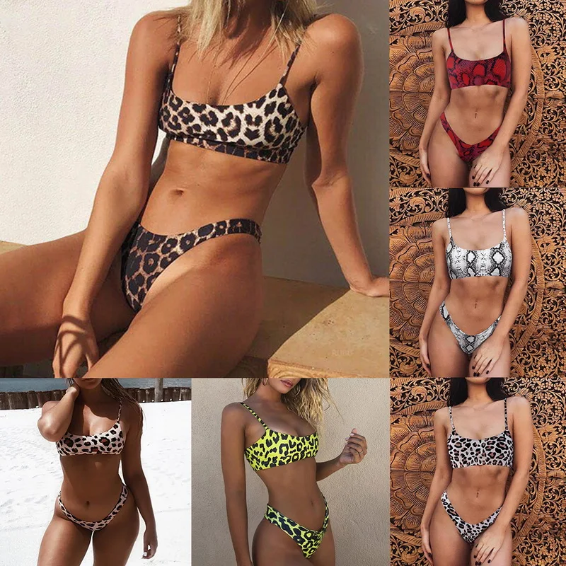 

Hot Sexy Women Leopard Bikinis Set Push-up Padded Bra Swimsuit Swimwear Snake Print Bathers biquinis Summer Beach swimming suit