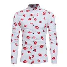 Одежда страуса рубашка мужская мода цветочный принт губ Кнопка с длинным рукавом Базовая Блуза классического фасона Топ вниз рубашки мужчины плюс размер