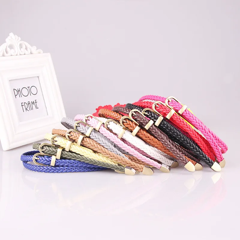 

Fashion Womens Vivid Braided Casual PU Leather Narrow Thin Buckle Strap Waist Belt Candy Skinny Waistband Belt For Women