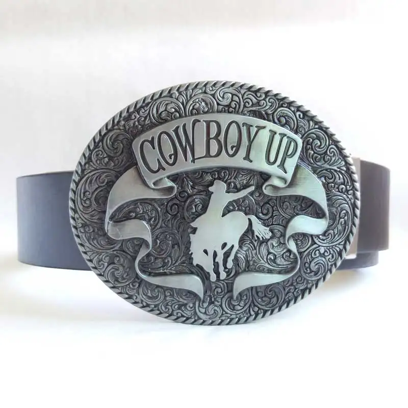 T Disom Cowboy Up belt buckle with pewter finished Western Belt Buckles
