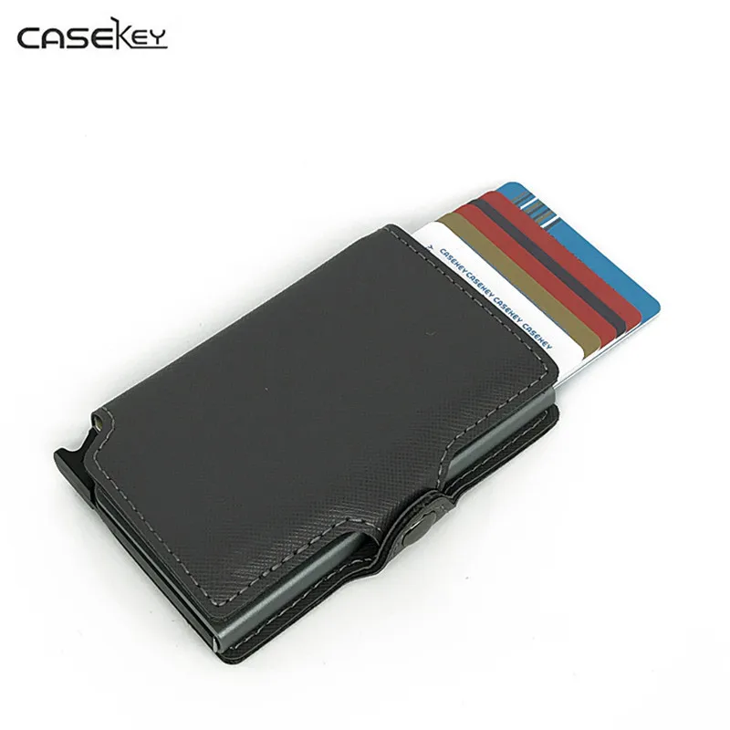 

P.KUONE RFID Credit Card Holder Pu Leathe Antitheft High Quality Metal Men Card Holder Aluminium With RFID Blocking Mini Wallet