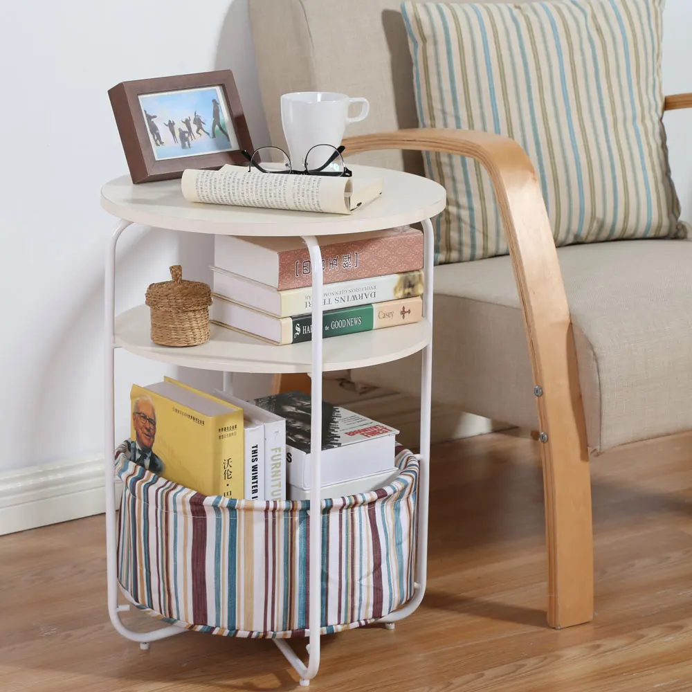 Round Wooden Side Table 3 Tiers With a Book Storage Canvas Basket Bag