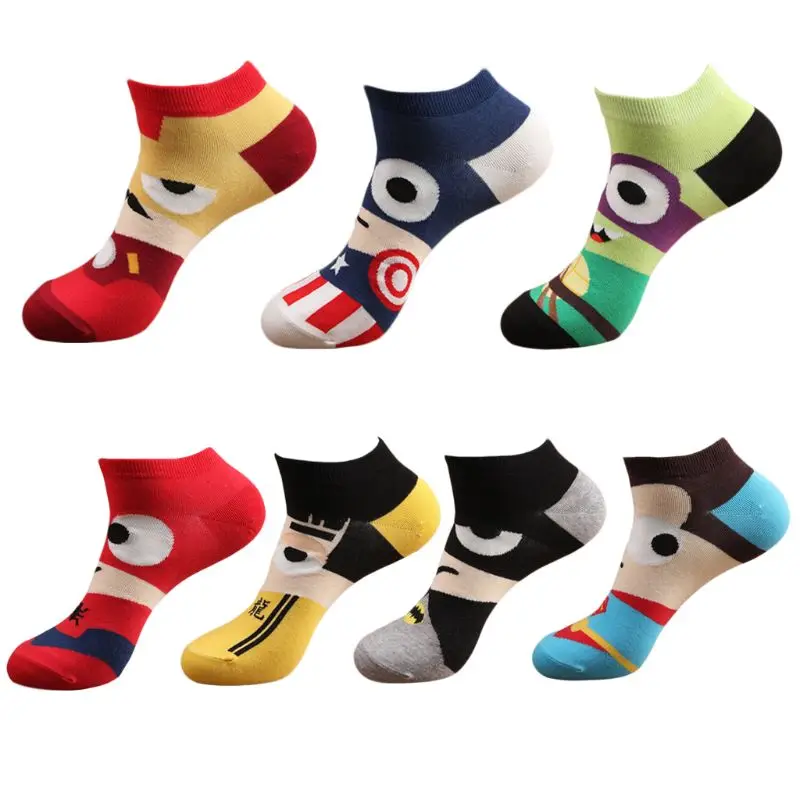

Men Unisex Spring Summer Short Over Ankle Boat Socks Funny Cute Colorful Cartoon Hero Character Alliance Printed Combed Cotton H