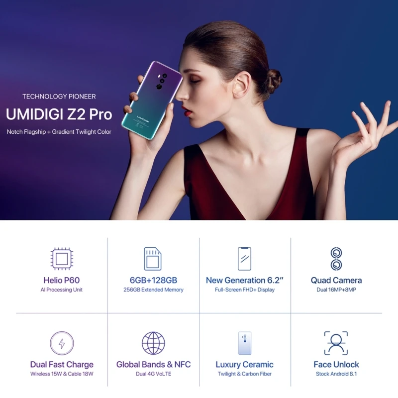 UMIDIGI Z2 Pro 6 2 "полноэкранный смартфон ГБ + 128 Гб двойной 4G сзади фронтальные 16MP