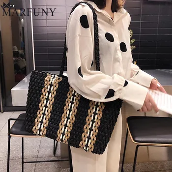 

MARFUNY 2019 New Vertical Stripes Straw Bag Large Capacity Portable Fashion Single Shoulder Woven Bag Casual Handbags Beach Bag