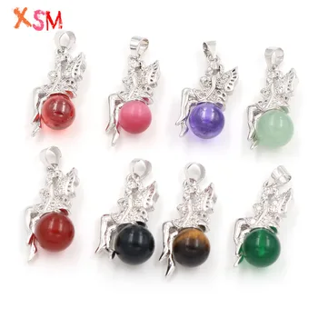 

10 Pcs/lot Butterfly Fairy Angel Wings Pendant Natural Stone Round Beads Pendant for Female Necklaces Charms Jewelry Making