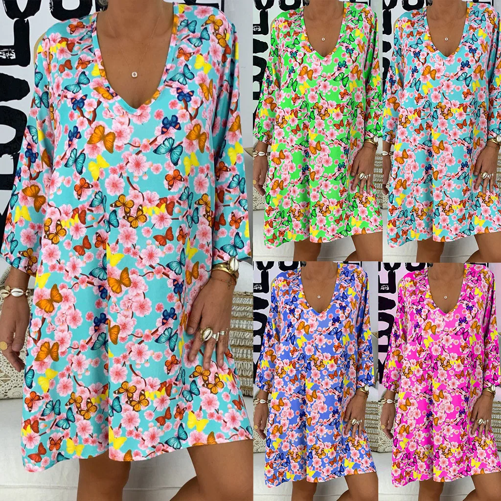

Summer Dress Lady's Vintage Spring Summer Women's Loose Print Three Quarter Sleeve Dress Student fashion slim sexy Dress plus