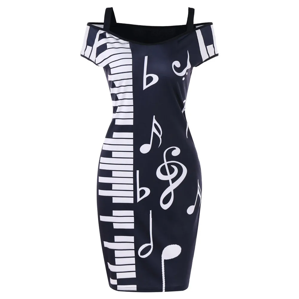 

dress new high quality Music Note Print Strapless V-neck Short Sleeve Dress Camisole Mini dress women